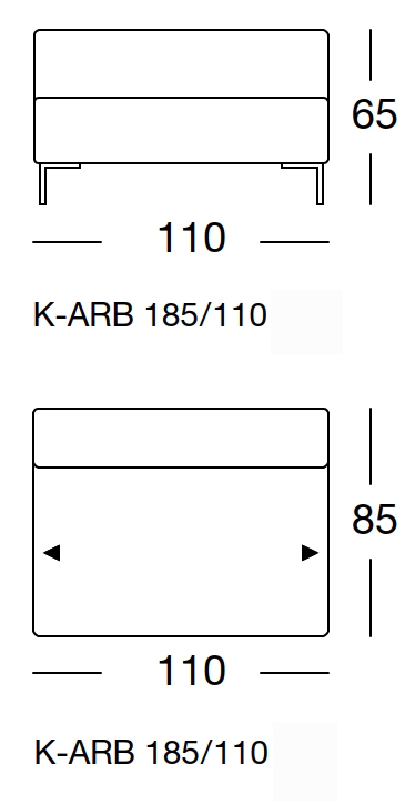 Maßzeichnung eines Sofaelements vor weißem Hintergrund freistil Rolf Benz 185