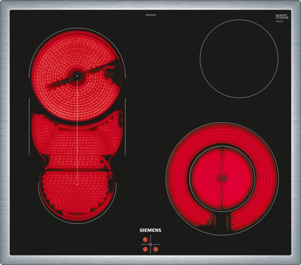 Siemens - Elektro-Kochfeld iQ500 (60 cm) | herdgesteuert | aufliegender Rahmen | EA645GMA1E Obenansicht eines elektrischen Ceran-Kochfelds mit vier leuchtenden Kochzonen, zwei davon in Betrieb, mit Edelstahlrahmen.