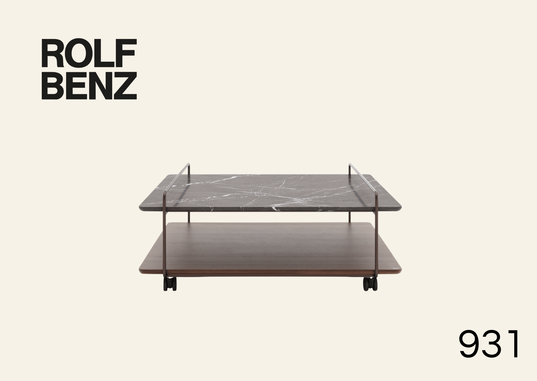 Couchtisch mit zwei Tischplatten - eine aus Stein - auf Rollen. Aufschrift: Rolf Benz 931.