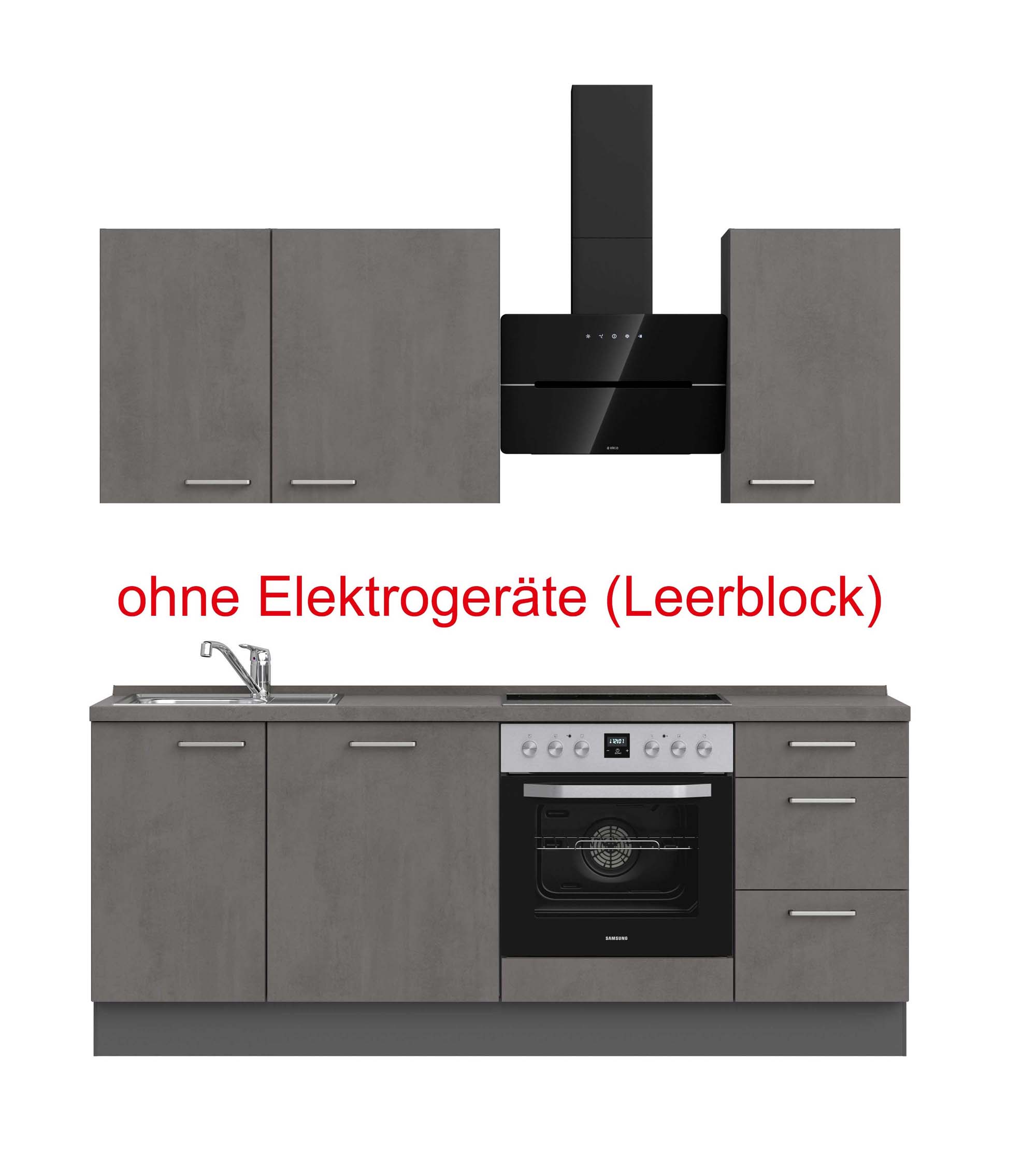 küchenzeile grau mit Backofen, Herd, Dunstabzugshaube, Waschbecken, Armatur mit Hinweistext ohne Elektrogeräte (Leerblock) nobilia riva