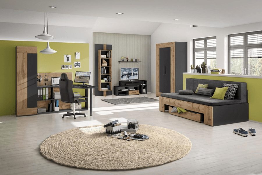 Jugendzimmer in Eichenfront und anthrazit Akzent