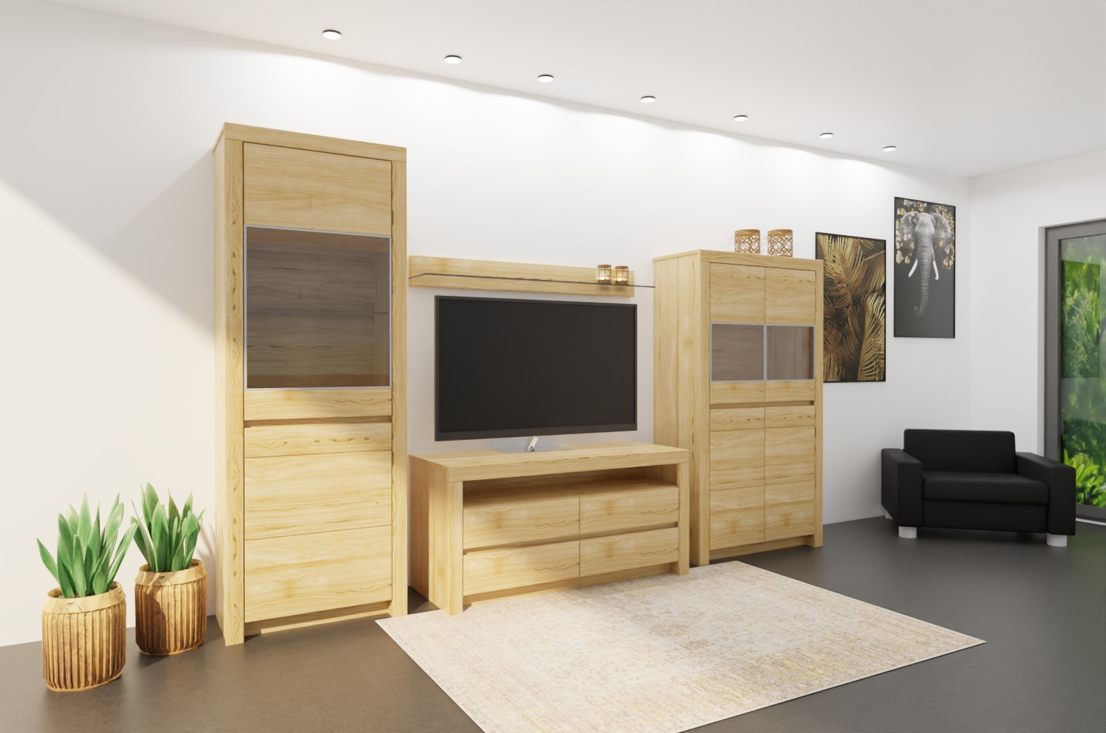 Wöstmann Soleo 3000 - Wohnwand, 4-teilig | Type 3005/3105 | B: 336,9 cm | konfigurierbar Wohnzimmer mit modernen Holzschränken, einem Fernseher, dekorativen Pflanzen und Kunstwerken an der Wand