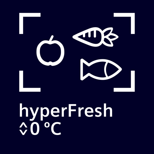 Symbolische Darstellung eines Apfels, einer Karotte und eines Fisches mit der Beschriftung hyperFresh und 0 Grad Celsius für optimale Lebensmittelfrische