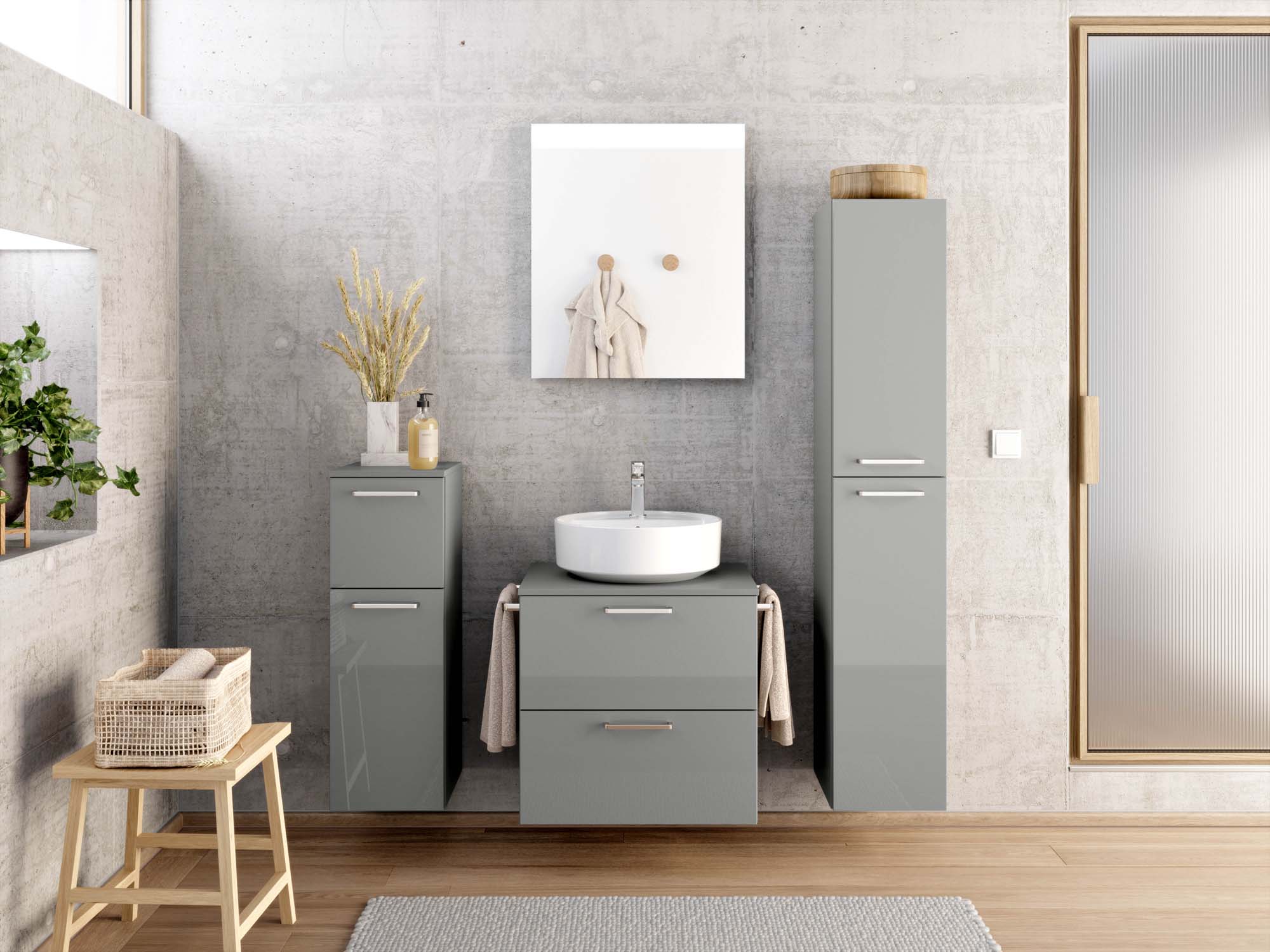 Badezimmermöbel-Set 3 Schränke grau mit Waschtisch und Spiegelschrank nobilia 