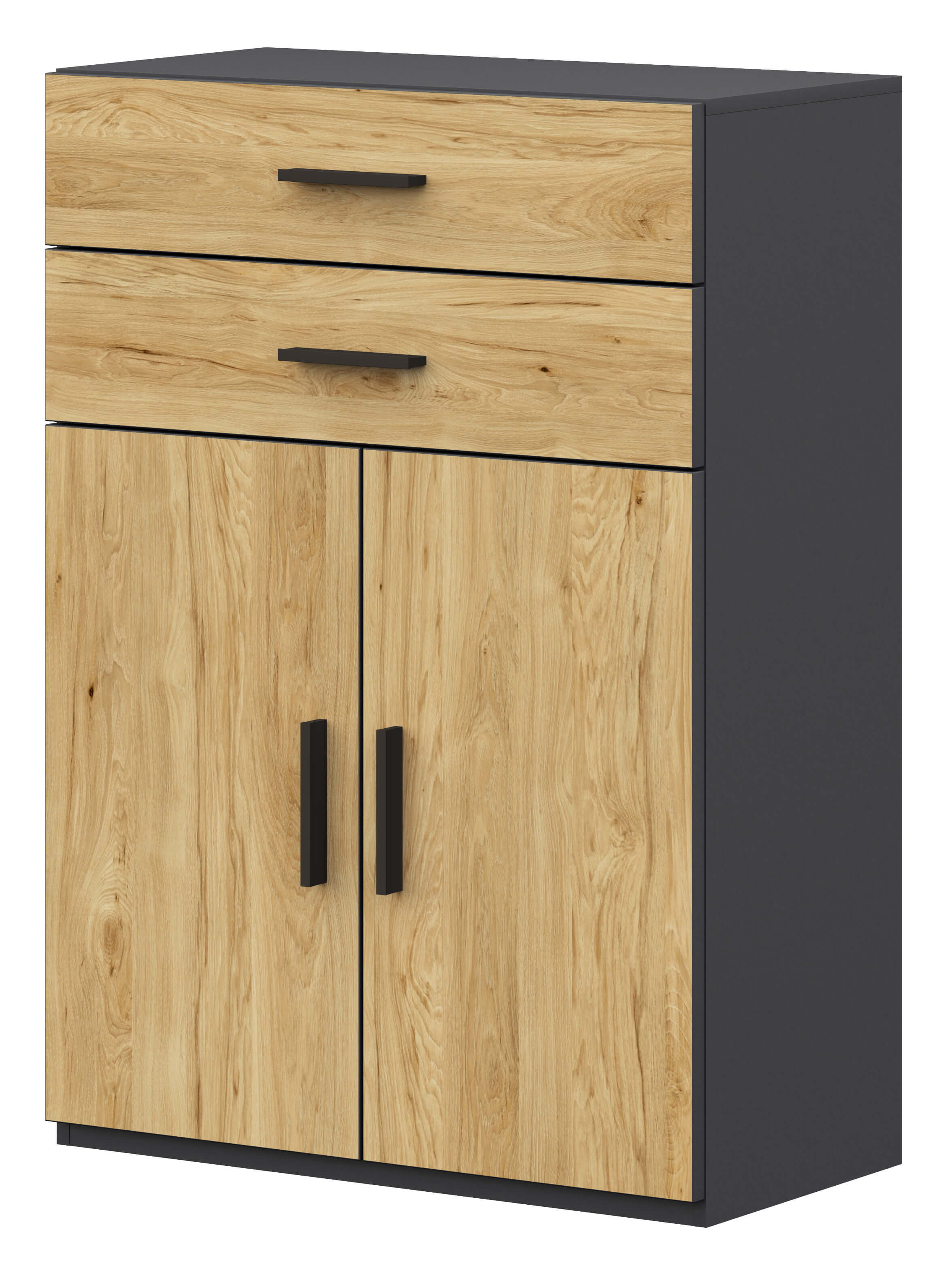 Röhr Bush. qunit - Kommode mit 2 Türen, 2 Schubladen | B: 75 cm Schrank mit zwei Türen und Schublade, Holz-Optik, schwarze Griffe