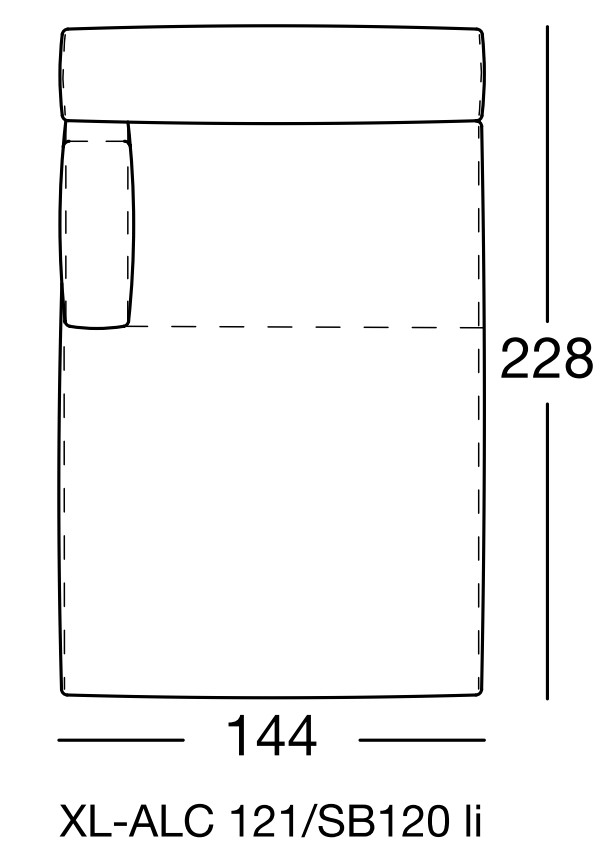 Maßzeichnung eines Sofaelementes mit Artikelbezeichnung vor weißem Hintergrund