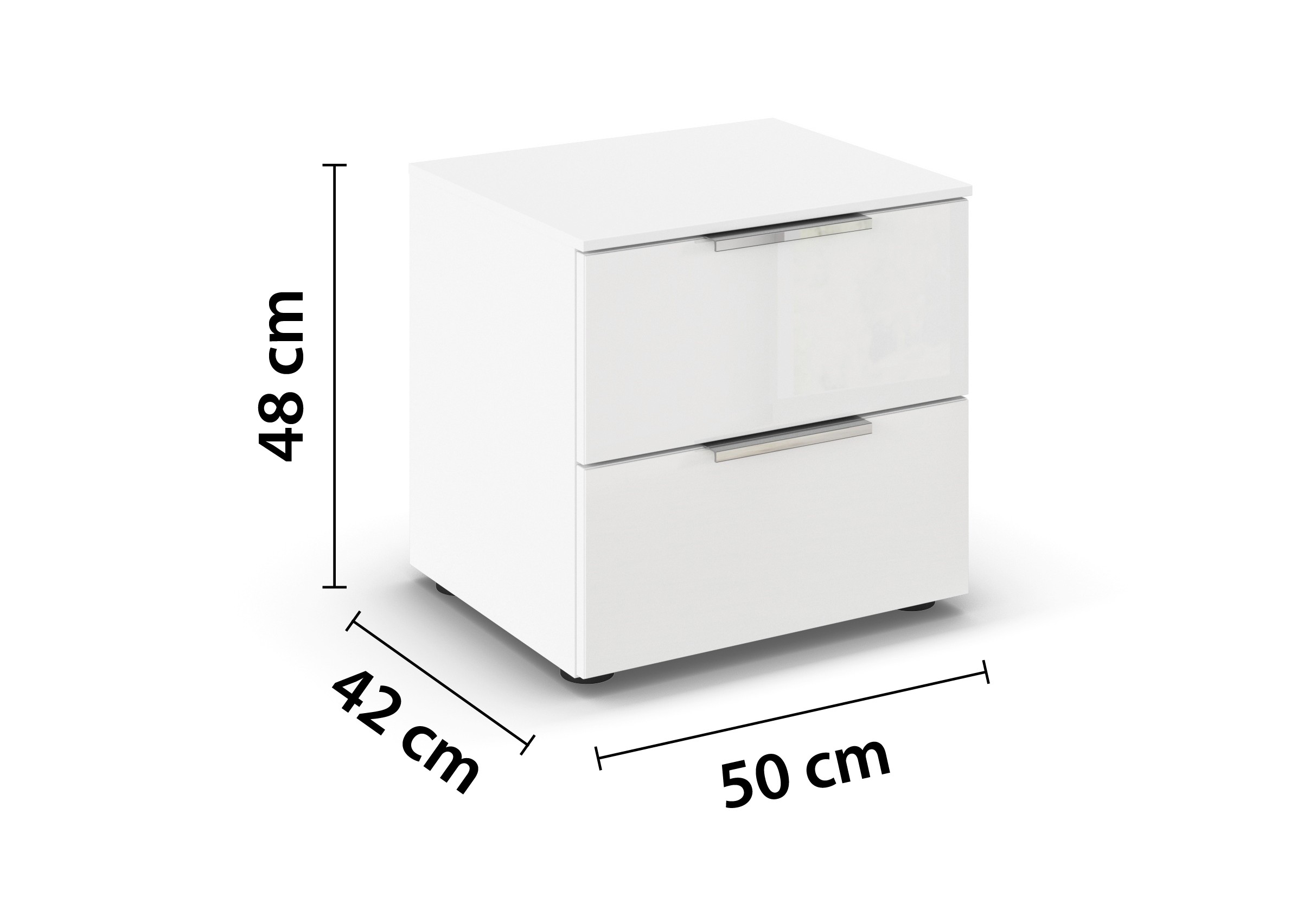 weißer Nachttisch mit zwei Schubladen mit Bemaßung vor weißem Hintergrund