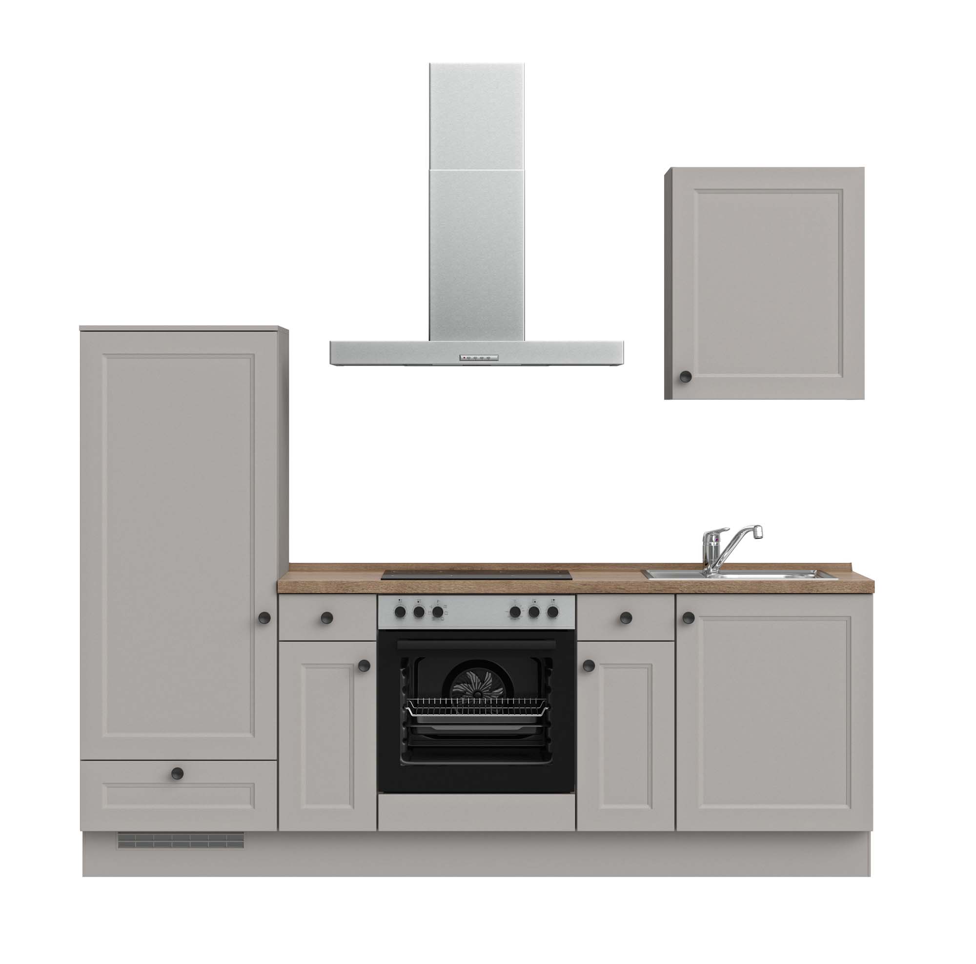küchenzeile grau, braun mit Backofen, Herd, Dunstabzugshaube, Waschbecken, Armatur nobilia cascada