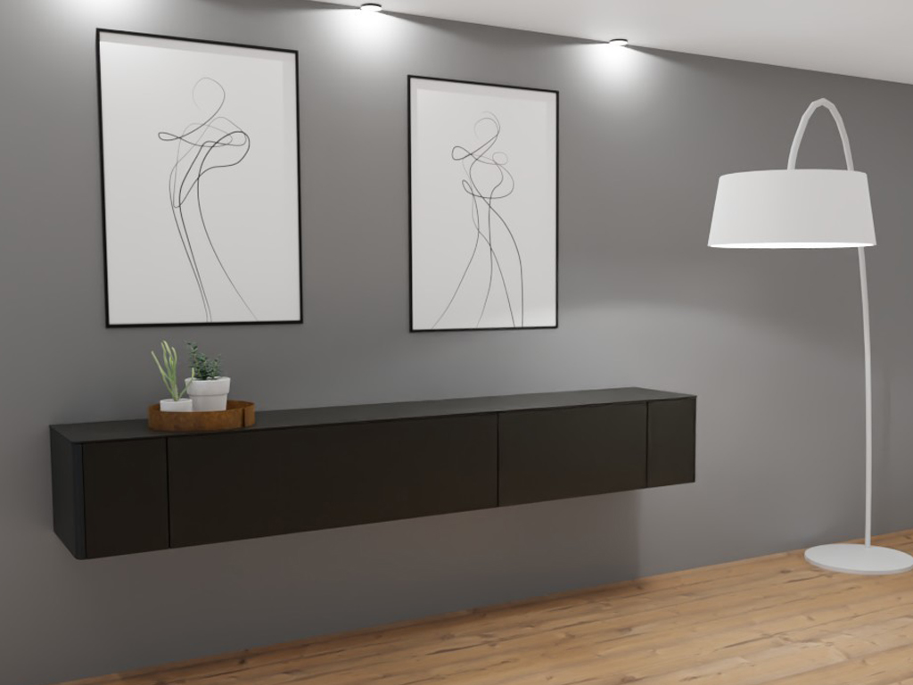 Sudbrock Goya - Lowboard | 2 Türen, 1 Schublade, 1 Klappe | B: 245,2 cm | cosmos-schwarz Ein modernes Wohnzimmer mit minimalistischem Design, hängendem schwarzen Sideboard, zwei abstrakten Kunstwerken an der Wand, darüber eine weiße Stehlampe auf einem Holzboden