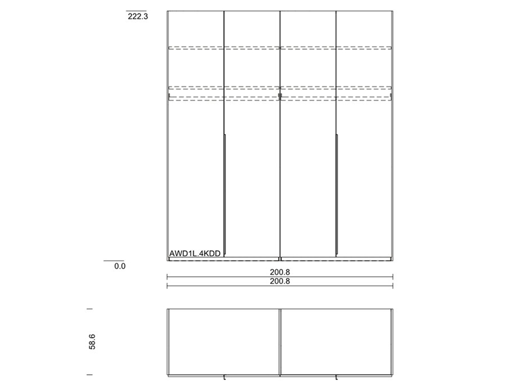 Technische Zeichnung mit genauen Abmessungen (Breite 200,8 cm, Tiefe 58,6 cm) und angedeuteter Innenaufteilung.