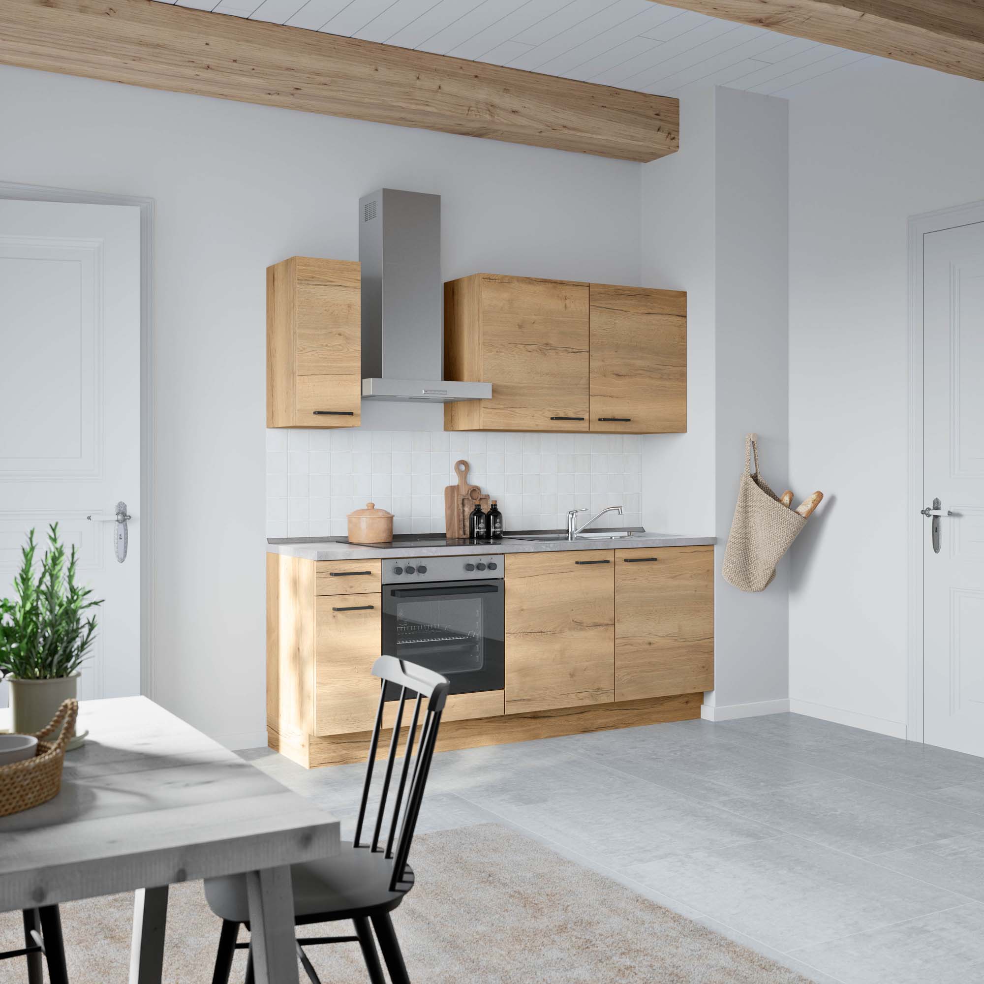 küchenzeile braun, grau mit Backofen, Herd, Dunstabzugshaube, Waschbecken, Armatur nobilia structura
