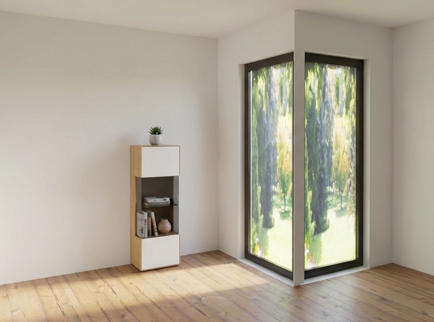 moderne weiß braune Vitrine stilvoll dekoriert in einem hellen Zimmer