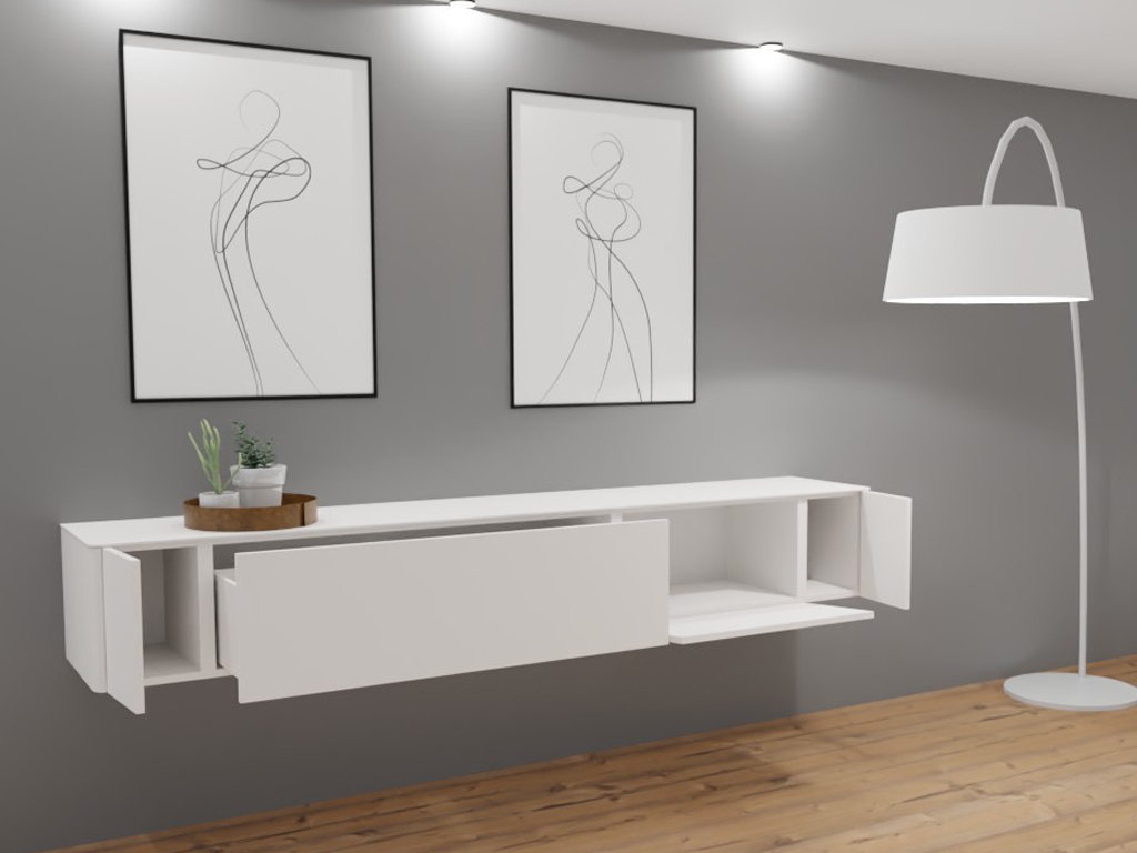 Ein modernes Wohnzimmer mit einem weißen schwebenden Wandregal, zwei minimalistischen Kunstwerken an der grauen Wand, einer eleganten weißen Stehlampe und einem Holzboden.