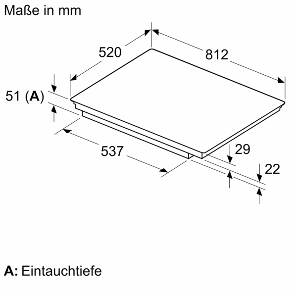 Technische Zeichnung zeigt ein rechteckiges Objekt mit den Maßen: 812 mm Länge, 520 mm Breite und 51 mm Eintauchtiefe in Millimetern.