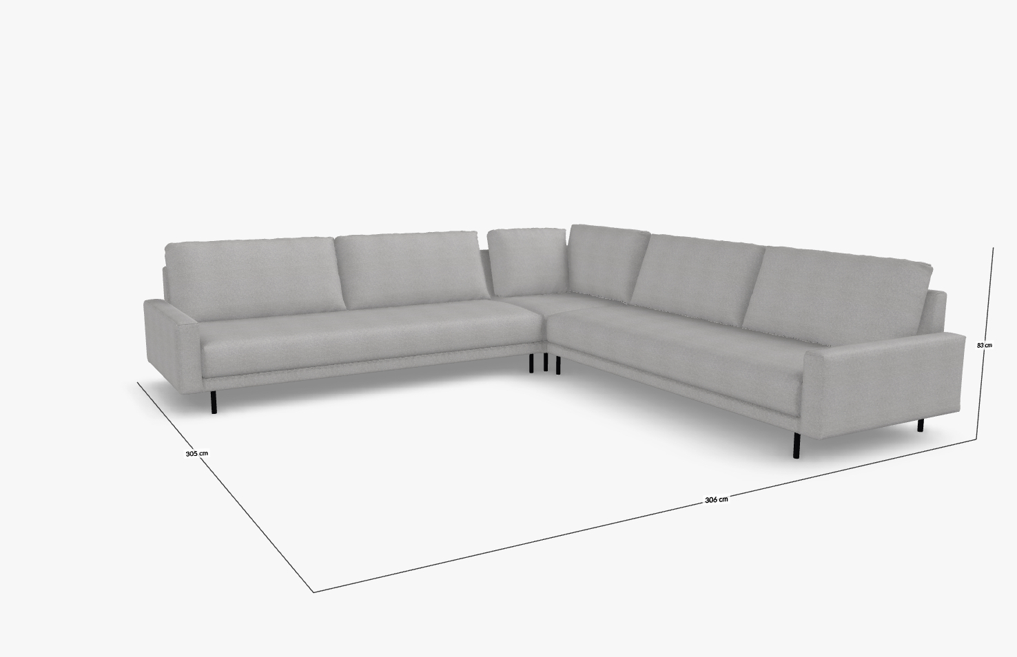 Ecksofa in hellgrauer Farbe mit modernen Design, abgebildet mit den Maßen 305 cm Länge, 306 cm Breite und 88 cm Höhe