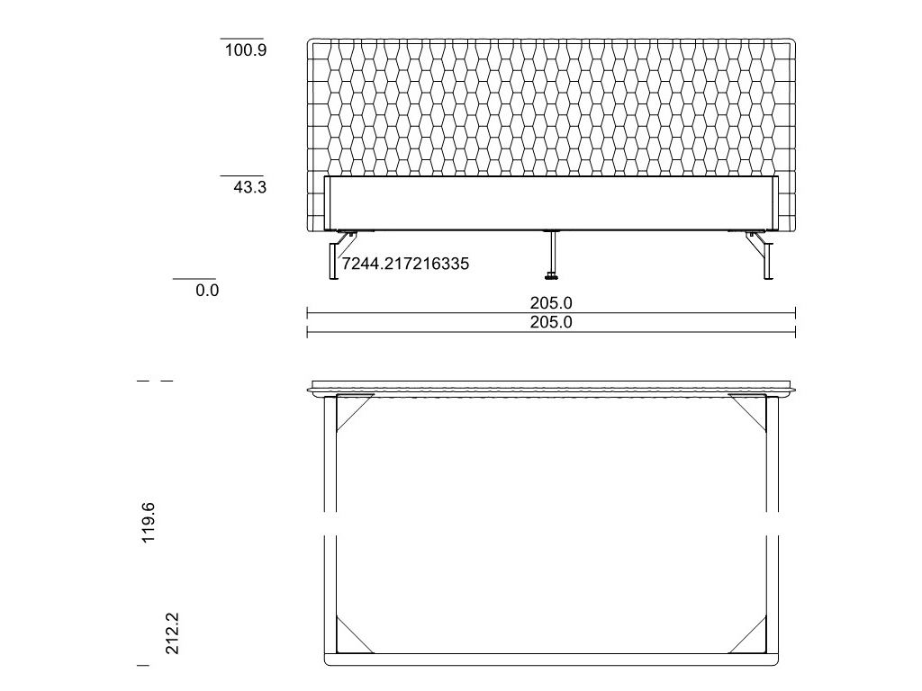 Eine technische Zeichnung des Bettmodells Nardo in der Größe 180x200 cm, mit Ansichten von vorne und der Seite, die die genauen Maße darstellen.