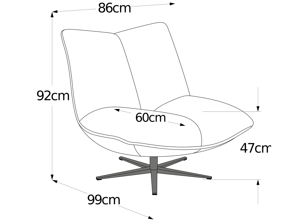 Illustration eines ergonomischen Drehsessels mit genauen Abmessungen: 86 cm Breite, 92 cm Höhe, 99 cm Länge und Sitzfläche von 60 cm Tiefe und 47 cm Sitzhöhe.