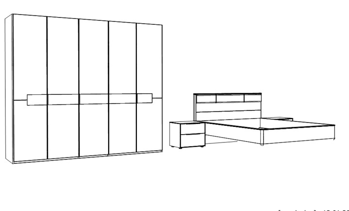 Illustration eines fünftürigen Schrankes und einem Bett mit Nachtschränken vor weißem Hintergrund