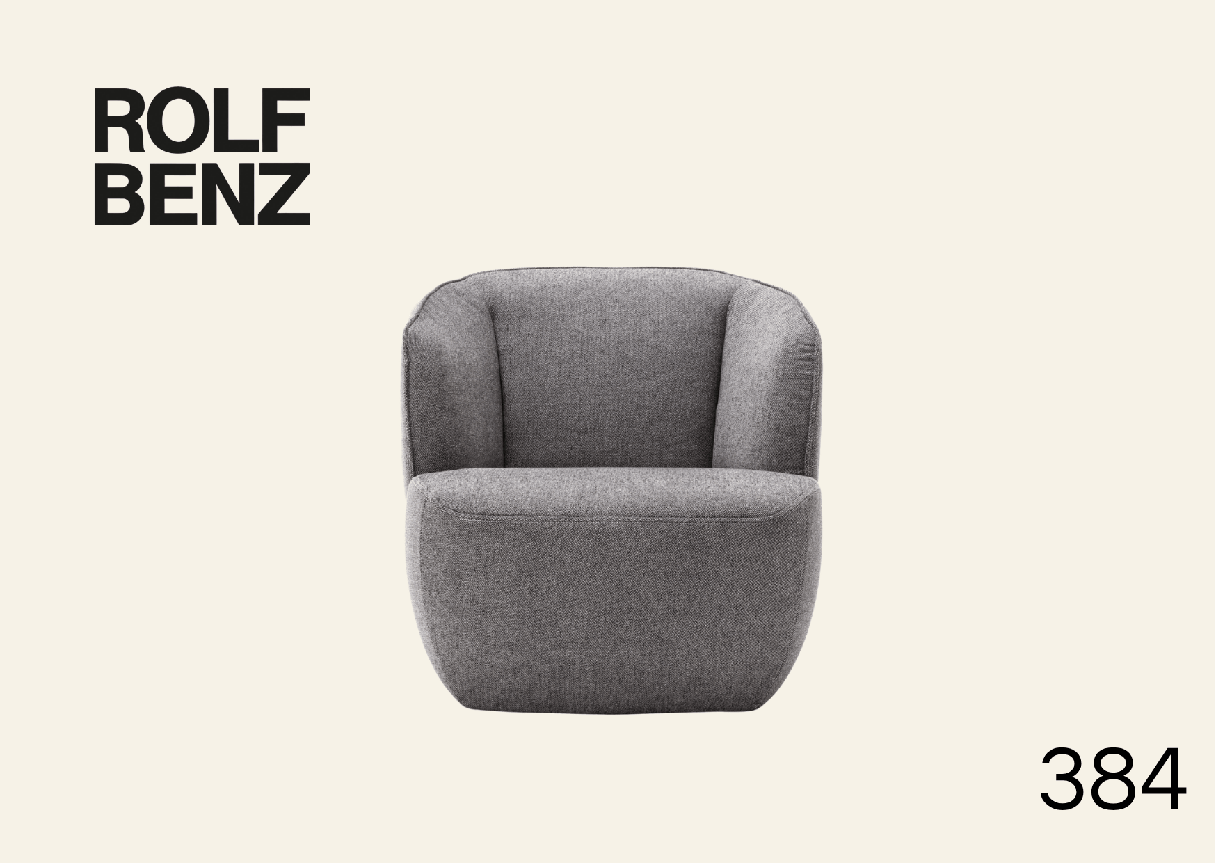 grauer Polstersessel mit verbundener Rücken- und Armlehne. Aufschrift Bild: Rolf Benz 384.