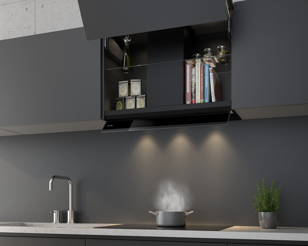 Einbau-Dunstabzug in grauer Küche mit edler Beleuchtung. 