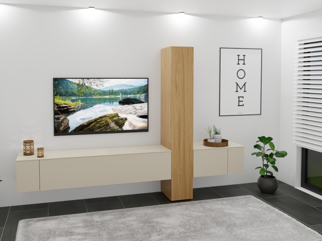 Sudbrock Cubo - Wohnwand | 3 Türen, 2 Klappen | B: 290,0 cm | Ethno Eiche, Lack kaschmir Modernes Wohnzimmer mit wandmontiertem TV, minimalistischen Möbeln und dekorativen Elementen
