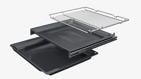 Abgebildet ist ein mehrteiliges Backofen Zubehör Set bestehend aus einem Grillrost und zwei Backblechen in Schwarz.