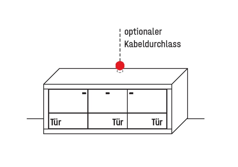 Illustration eines TV-Schranks mit drei Türen und einem optionalen Kabeldurchlass auf der Oberseite