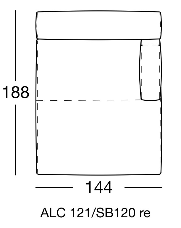 Maßzeichnung eines Sofaelementes mit Artikelbezeichnung vor weißem Hintergrund