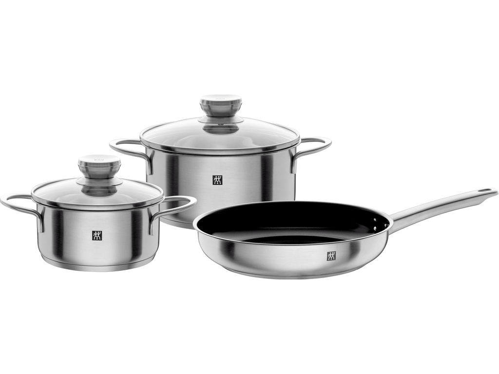 Zwilling Topfset aus Edelstahl mit zwei Kochtöpfen inklusive Glasdeckeln und einer Bratpfanne. Die hochwertigen Kochgeschirre eignen sich für vielseitige Anwendungen in der Küche.