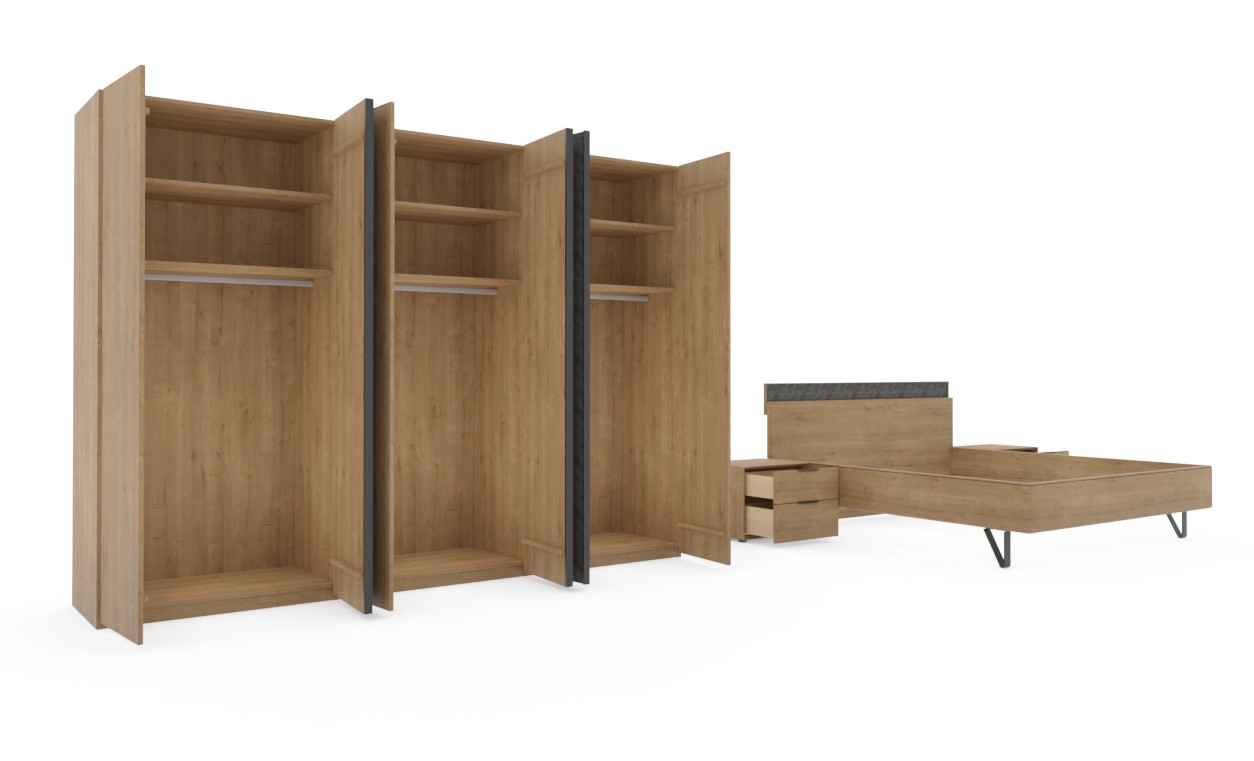 brauner geöffneter Schrank und Bett mit zwei Konsolen vor weißem Hintergrund