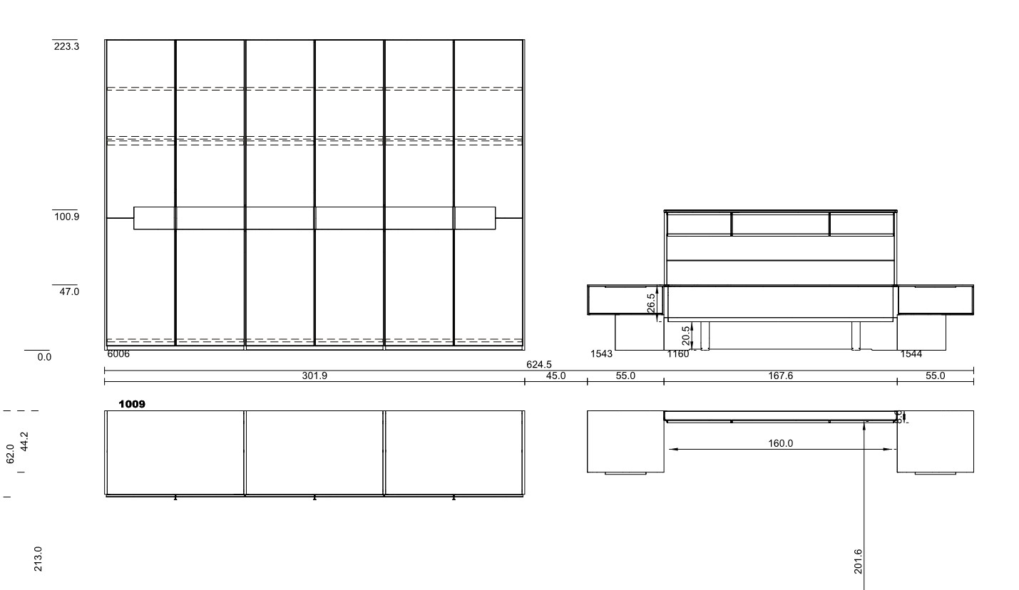 Maßzeichnung eines sechstürigen Schrankes und einem Bett mit Nachtschränken vor weißem Hintergrund