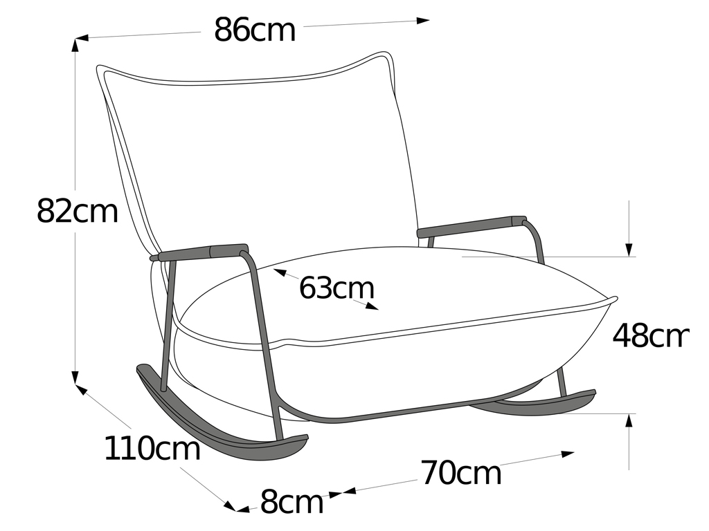 Technische Zeichnung eines modernen Schaukelstuhls mit Abmessungen: Höhe 82 cm, Breite 86 cm, Sitztiefe 63 cm, Gesamttiefe 110 cm, Sitzhöhe 48 cm, Rückenlehnenhöhe 82 cm und Wippdistanz 8 cm.