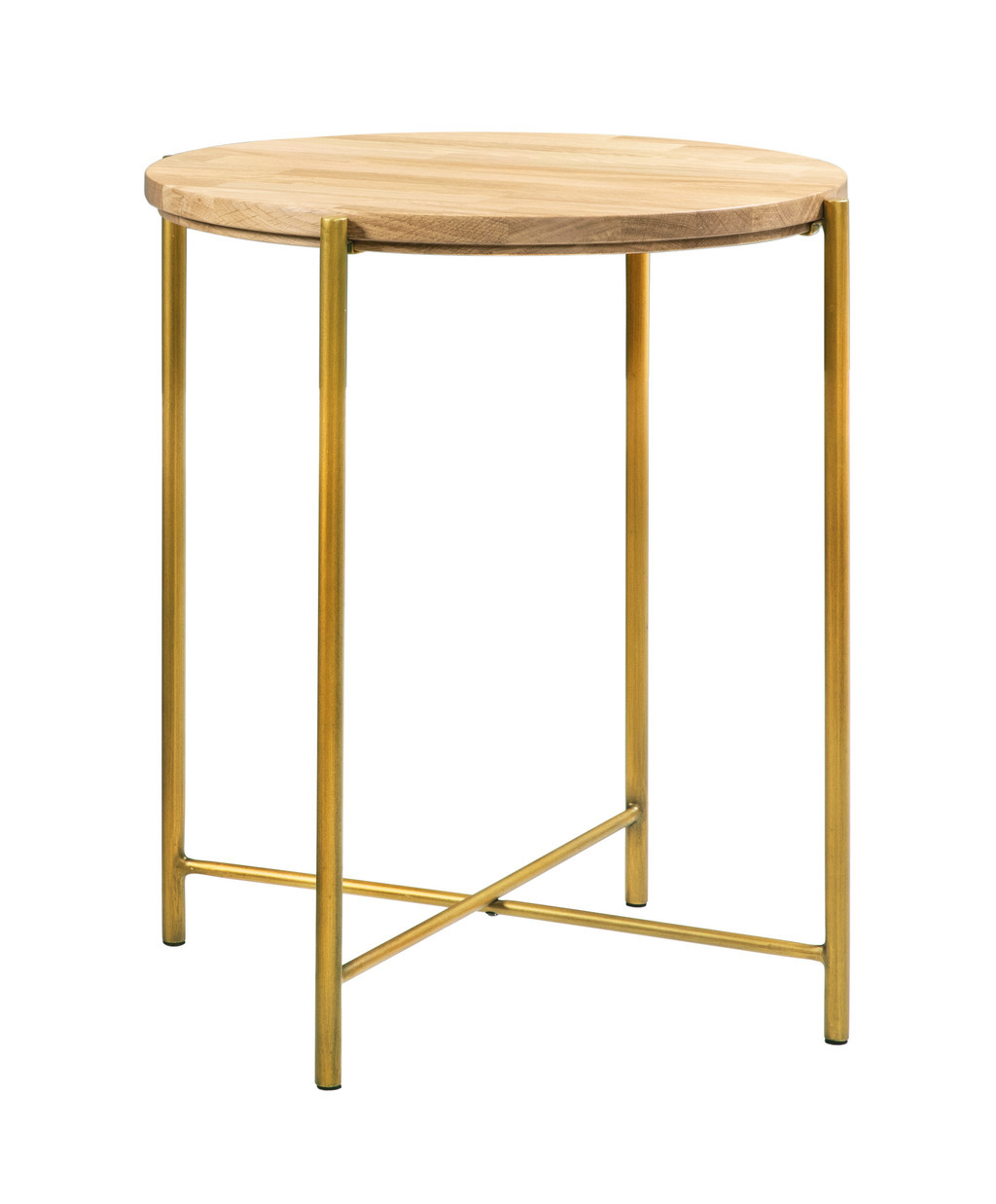 Kleiner brauner beistelltisch mit runder platte auf einem vierfüßigen metallgestell in bronze vor weißem hintergrund nali von hasena