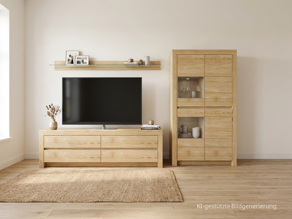 moderne braune Wohnwand stilvoll dekoriert in einem hellen Raum, Bild KI generiert