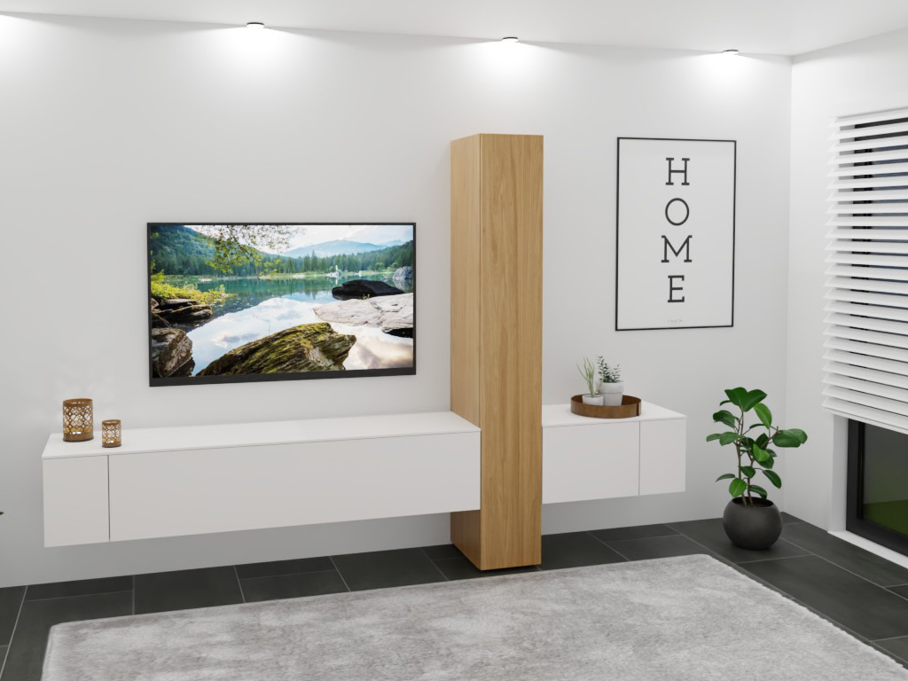 Sudbrock Cubo - Wohnwand | 3 Türen, 2 Klappen | B: 290,0 cm | Lack verkehrsweiß Wohnzimmer mit weißem und hölzernem TV-Board, Wanddekoration, Zimmerpflanzen und Teppich