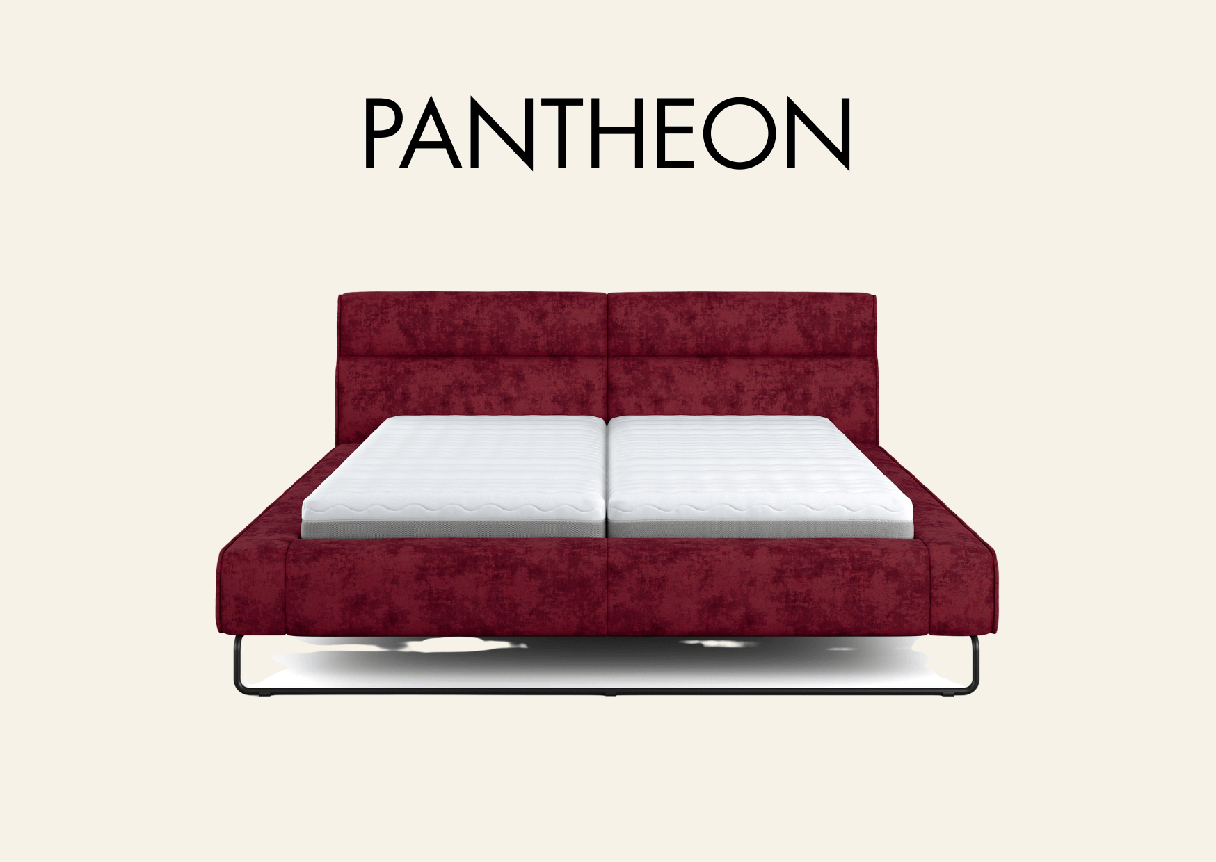 Bett in rotem Polster und Aufschrift "Pantheon"