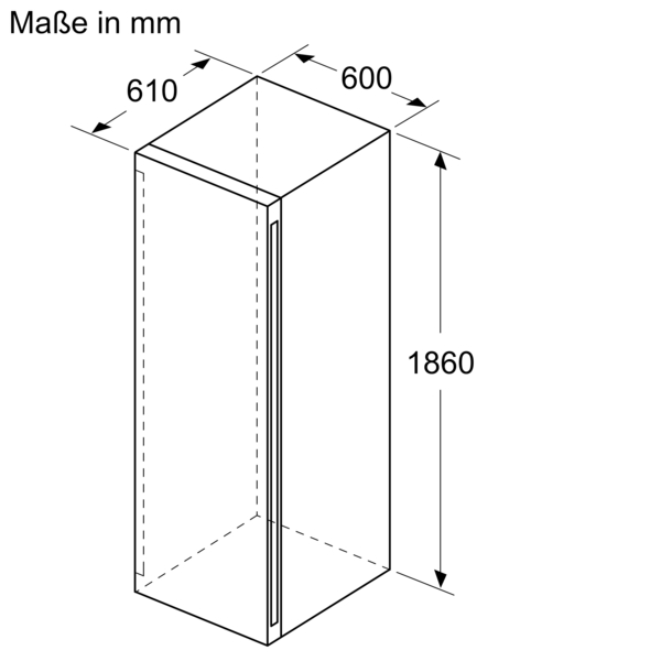 Technische Zeichnung eines Kühlschranks mit den Abmessungen 610 mm Tiefe, 600 mm Breite und 1860 mm Höhe