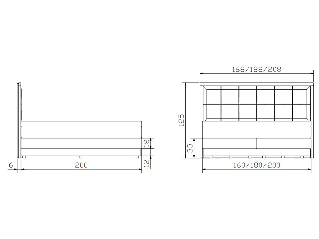 Technische Zeichnung des "Hasena Pronto Alba" Boxspringbetts. Seitenansicht mit 200 cm Länge und 125 cm Kopfteilhöhe. Vorderansicht mit 160/180/200 cm Breite und 125 cm Kopfteilhöhe.