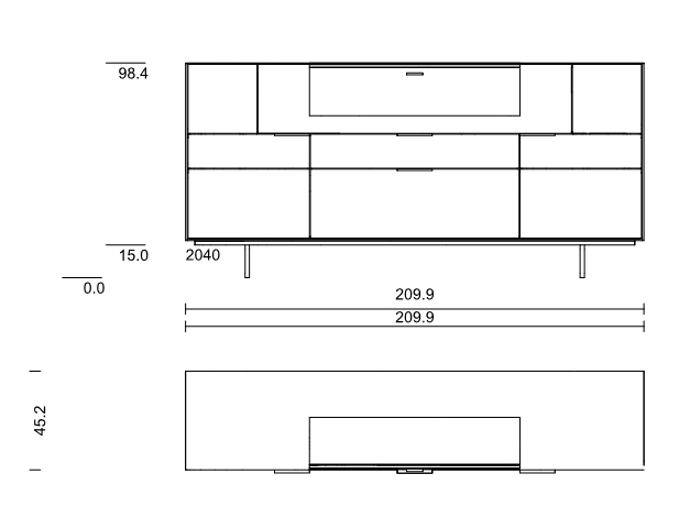 Front- und Seitenansicht eines Sideboards mit detaillierten Abmessungen in einer technischen Zeichnung
