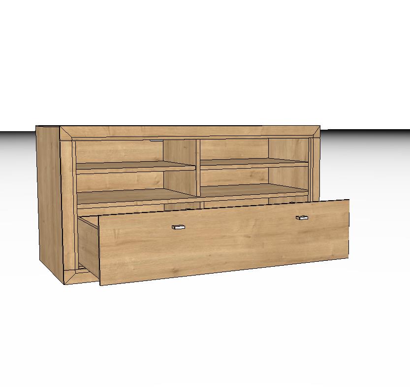 Holz-TV-Schrank mit offenem Regal und ausgezogener Schublade, modernes Design