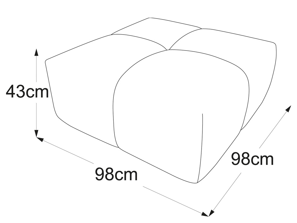 Illustration eines Polsterhockers mit den Maßen 98cm Breite, 98cm Tiefe und 43cm Höhe