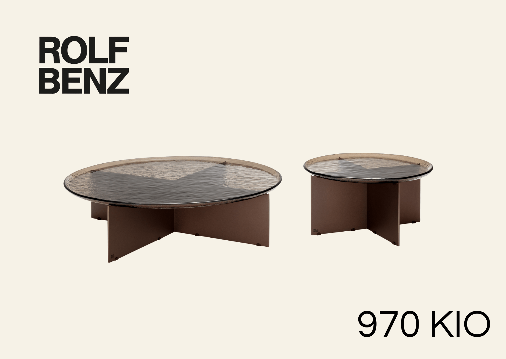 zwei runde Glas-Couchtische mit breiten Gestell. Bildaufschrift: Rolf Benz 970 Kio.