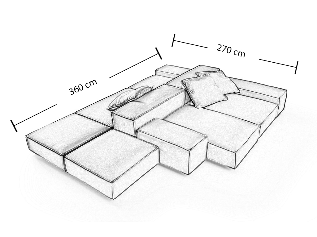 Eine schematische Strichzeichnung eines modularen Outdoor-Sofas, das aus mehreren quadratischen und rechteckigen Elementen besteht. Die Gesamtmaße sind mit 360 cm Länge und 270 cm Breite angegeben. Mehrere Kissen sind ebenfalls eingezeichnet.