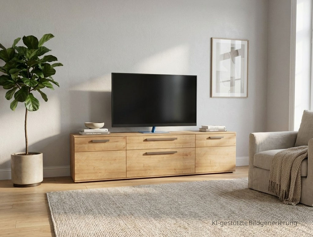 Modernes braunes Lowboard mit markanten Griffen stilvoll dekoriert in einem modernen Zimmer, Bild KI generiert