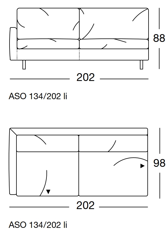 Maßzeichnung eines Sofaelement vor weißem Hintergrund freistil Rolf Benz 134
