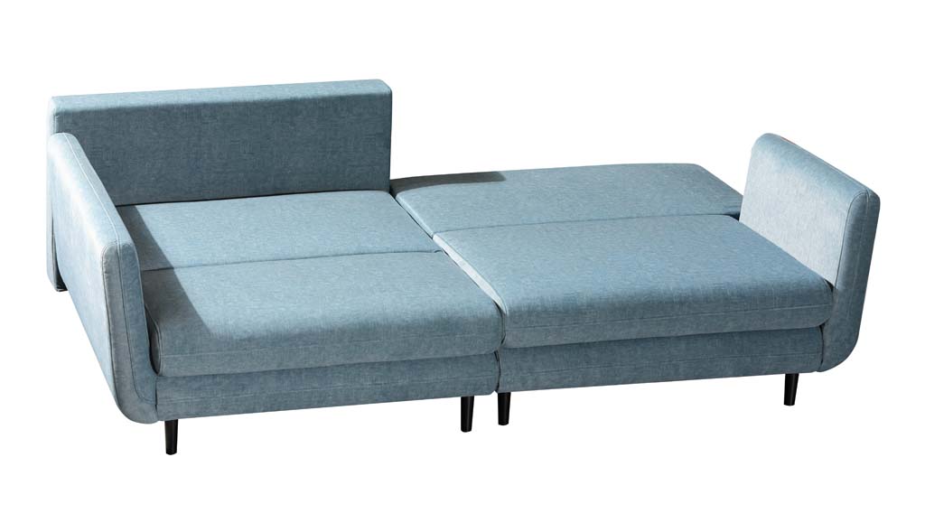 Blaues Schlafsofa in moderner, minimalistischer Gestaltung mit flachem Liegebereich