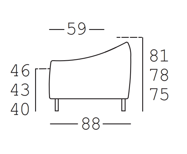 Maßzeichnung eines Sofaelements vor weißem Hintergrund freistil Rolf Benz 132