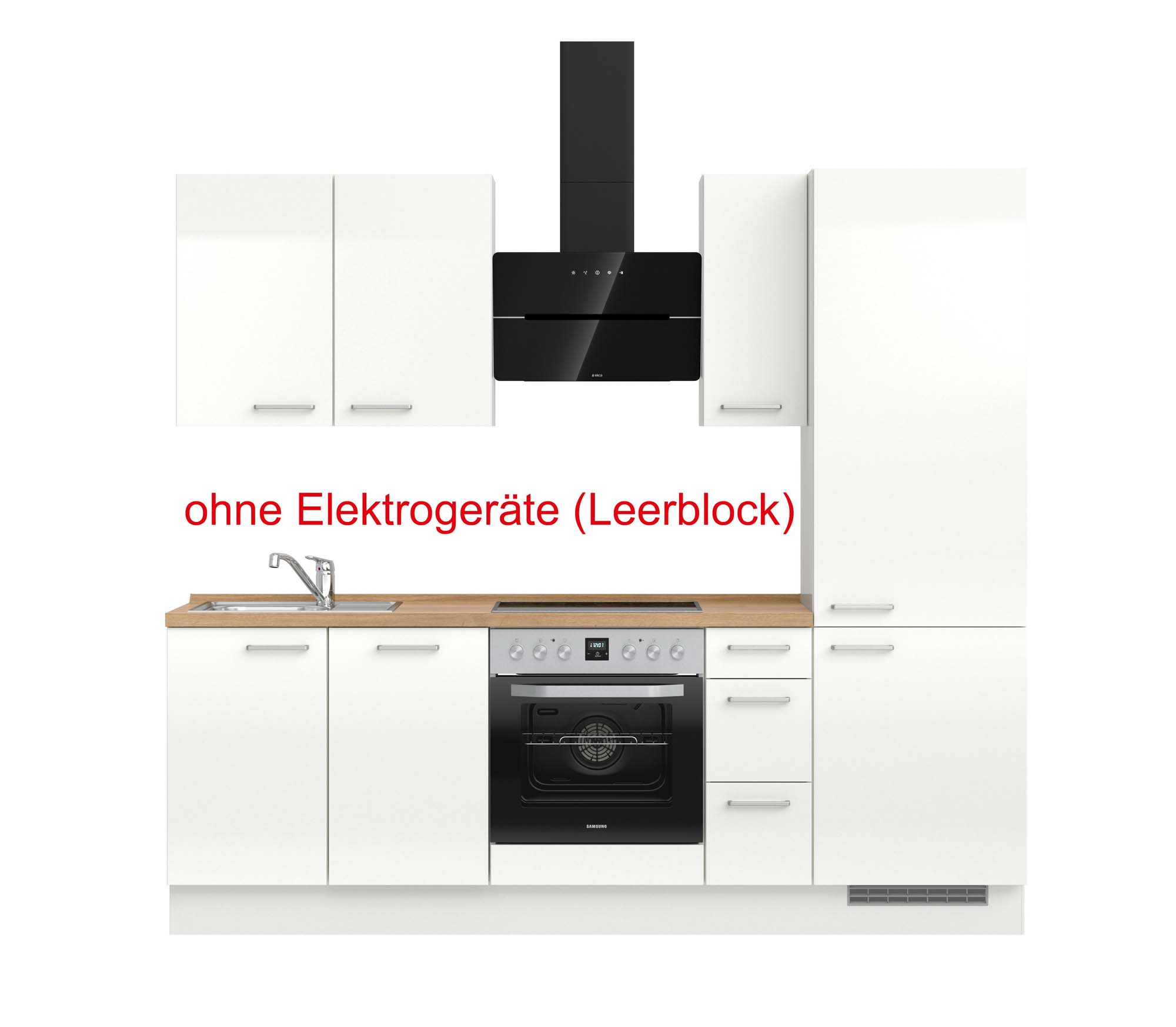 küchenzeile weiß, braun mit Backofen, Herd, Dunstabzugshaube, Waschbecken, Armatur mit Hinweistext ohne Elektrogeräte (Leerblock) nobilia flash