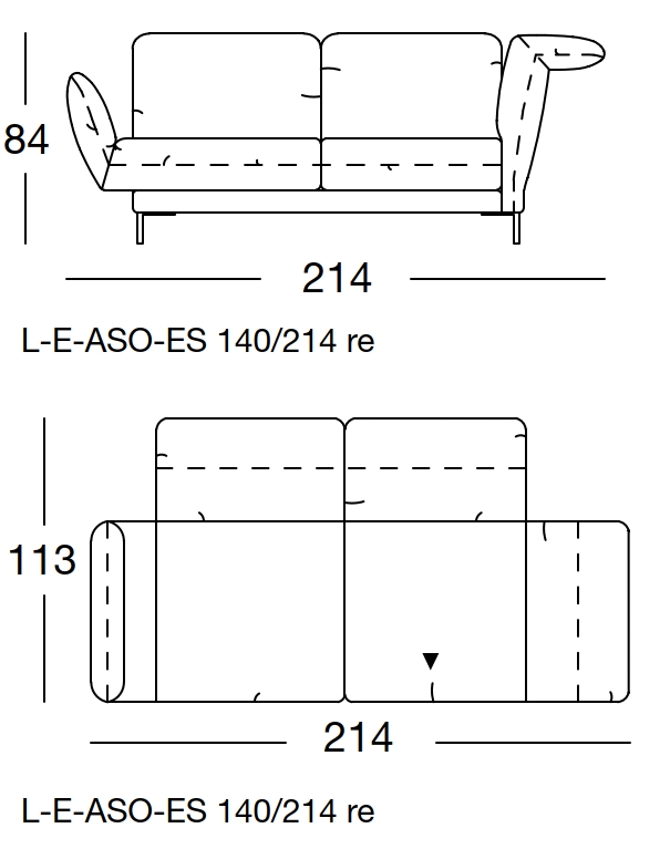 Maßzeichnung eines Sofaelements vor weißem Hintergrund freistil Rolf Benz 140