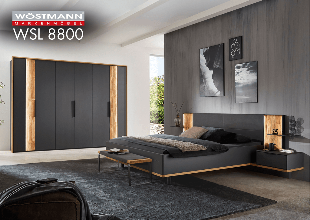 schwarze Schlafzimmermöbel mit Holz-Akzenten mit Beleuchtung